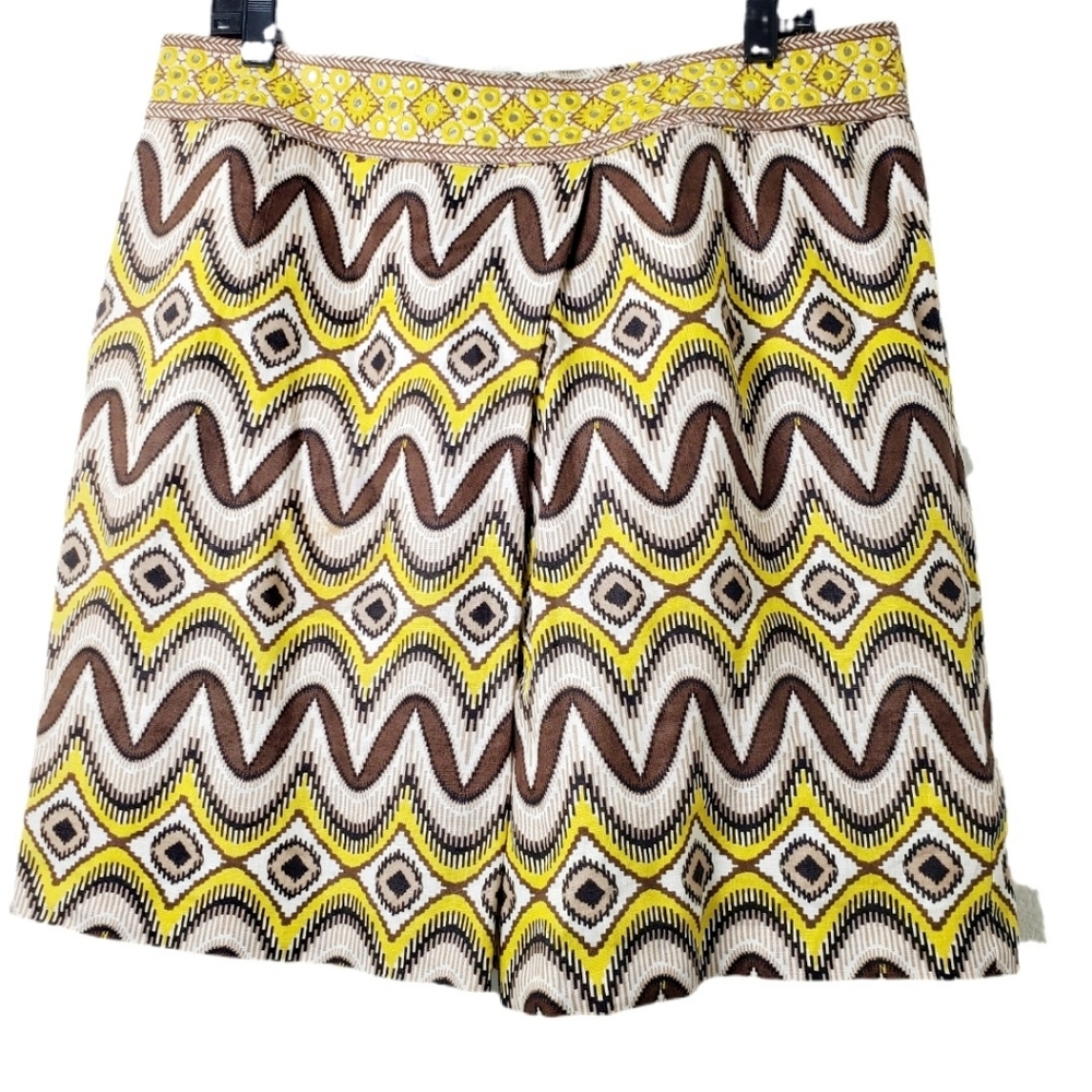 Tory Burch Embroidered Linen Skirt - Knee Length In Yellow, Brown & Tan Size‎ 14